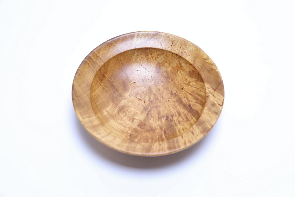 Mulberry burl wood bowl interior showing ray figure and natural grain patterns