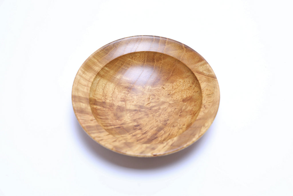 Small mulberry burl bowl top view highlighting canary yellow coloration and birdseye character