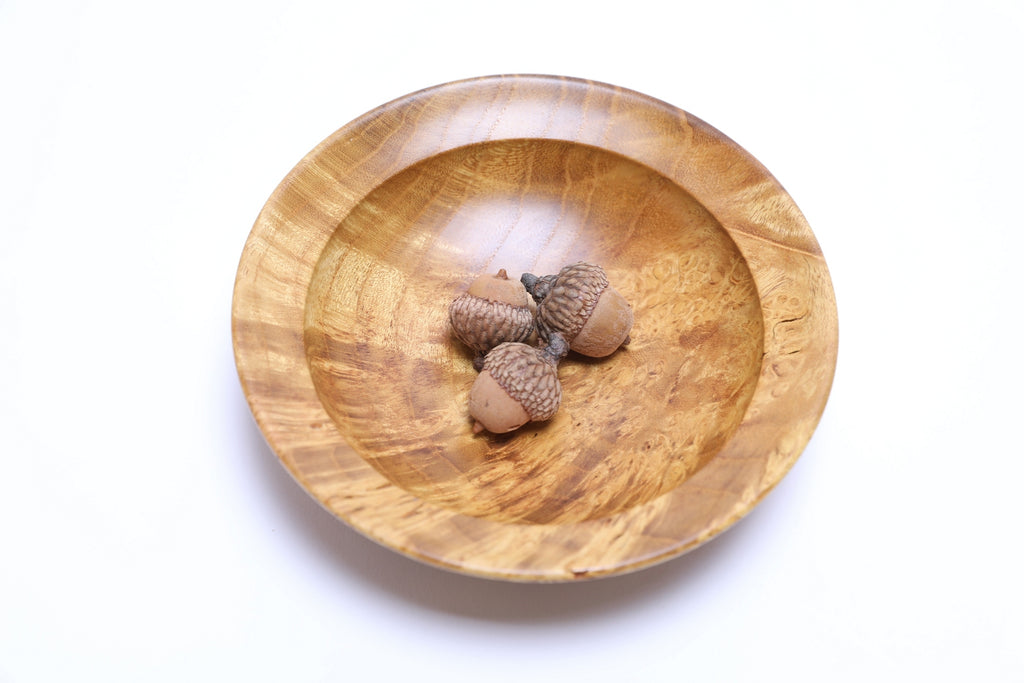 Handmade mulberry burl bowl with 3 acorns view displaying undercut rim 