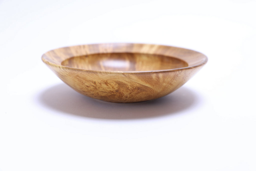 Small mulberry burl wooden bowl 5 1/8 inches showing canary yellow coloration and birdseye figure"