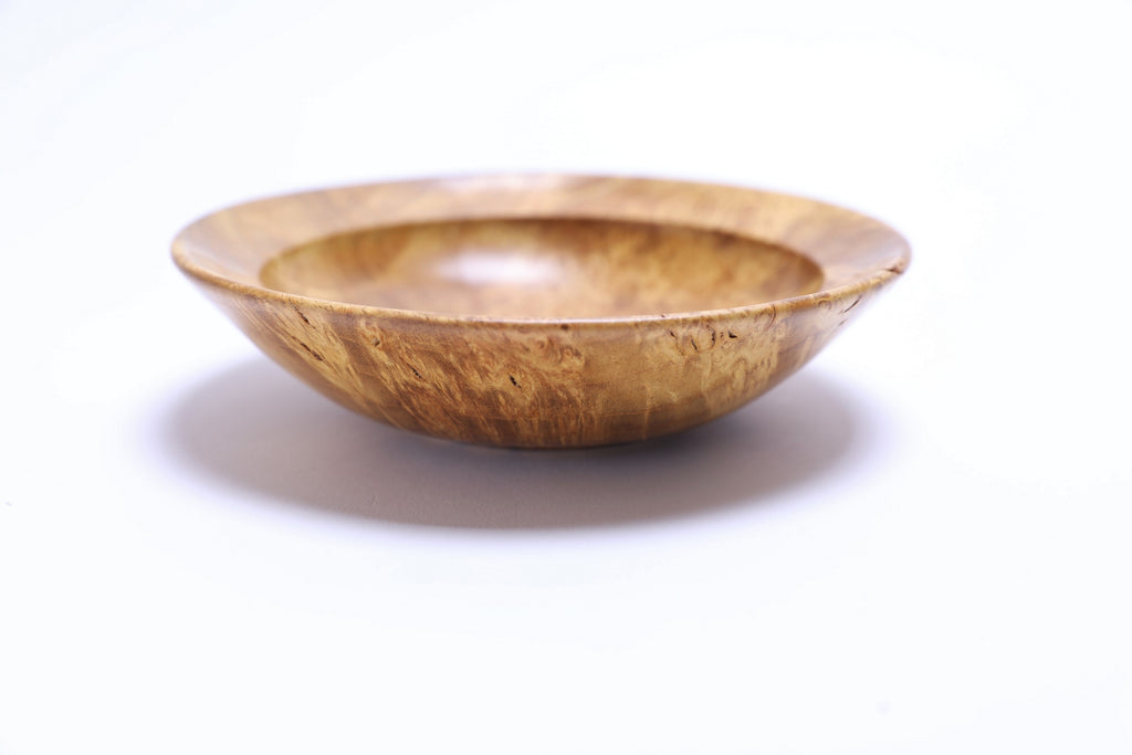 Mulberry burl wood bowl 5 1/8 x 1 1/2 inches showing rounded curved taper rim