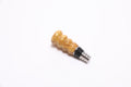 Mulberry burl wine stopper showing canary yellow coloration and iridescent rays with stainless steel stopper
