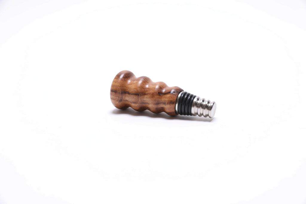 Side view of white oak wine bottle stopper with premium stainless steel base
