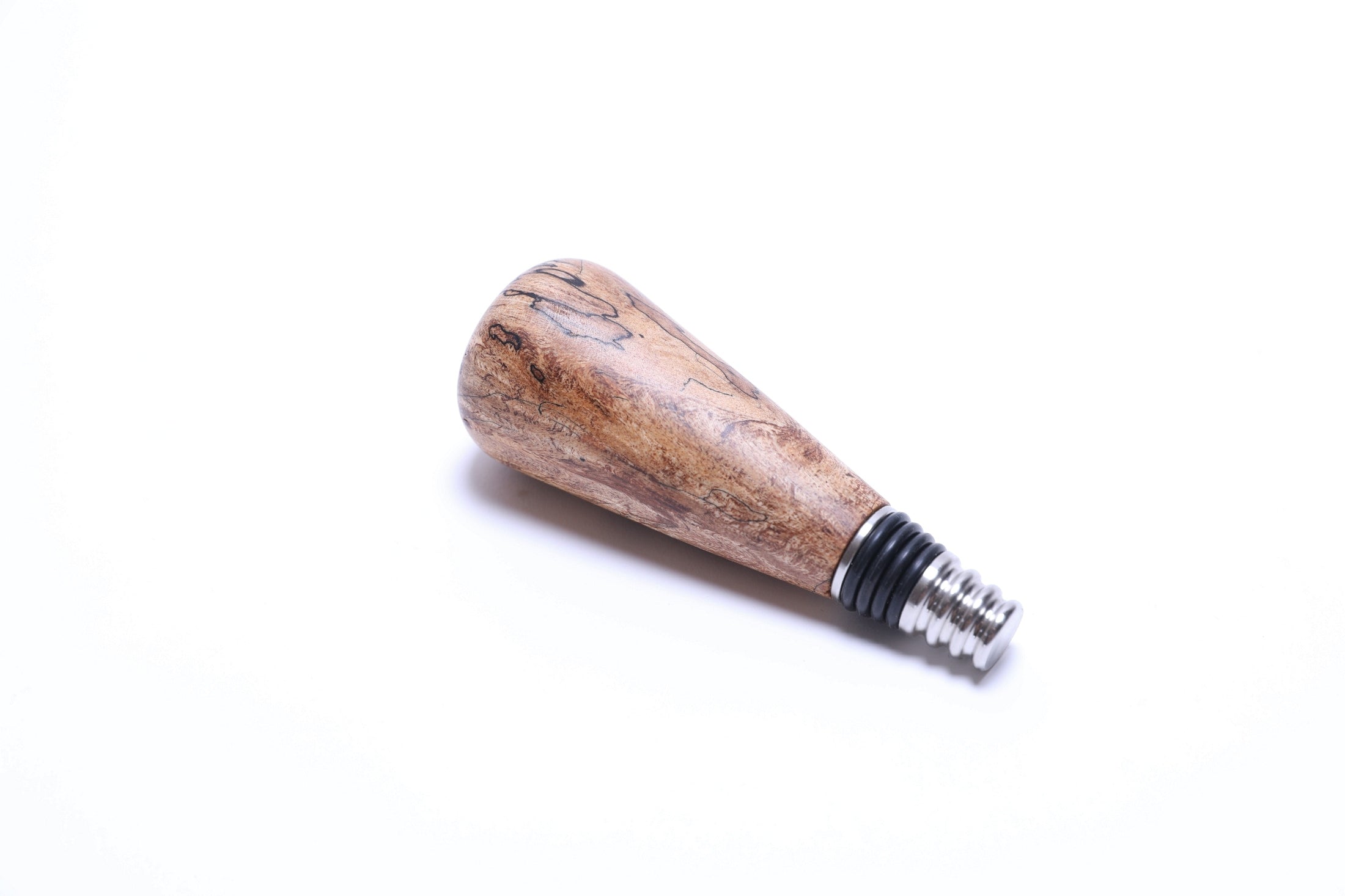 Side view of spalted maple wine stopper with premium stainless steel base