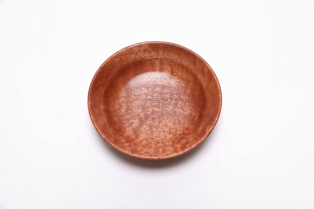 Handmade pommele sapele ring dish with chatoyant dappled figure and natural oil finish