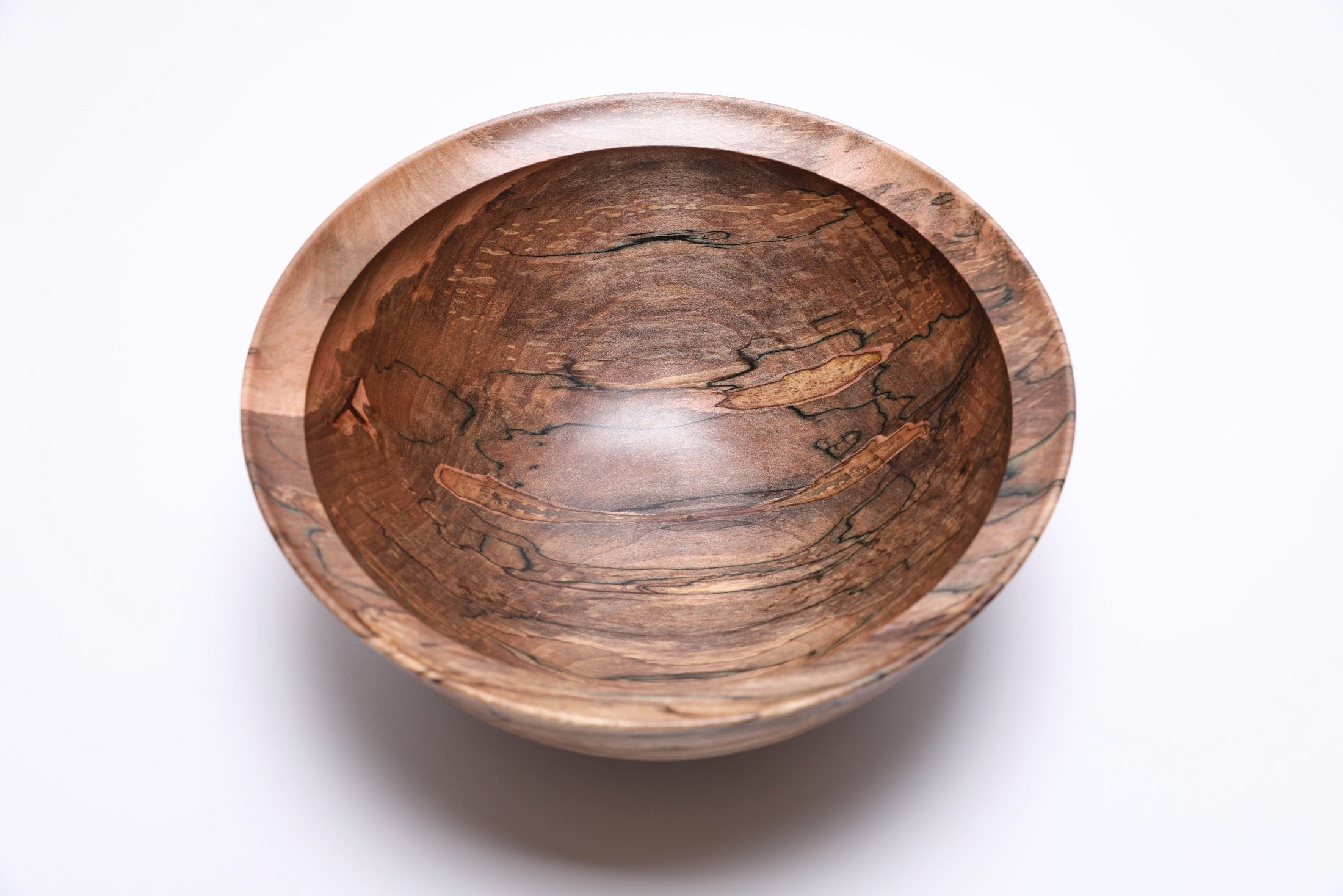 Spalted maple wooden bowl with dramatic black spalting lines and natural colors, 10 inches diameter