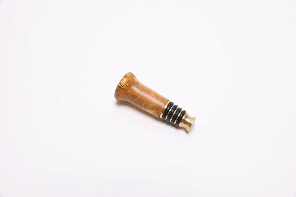 Handmade mulberry burl wooden wine stopper with natural burl figure and brass fitting