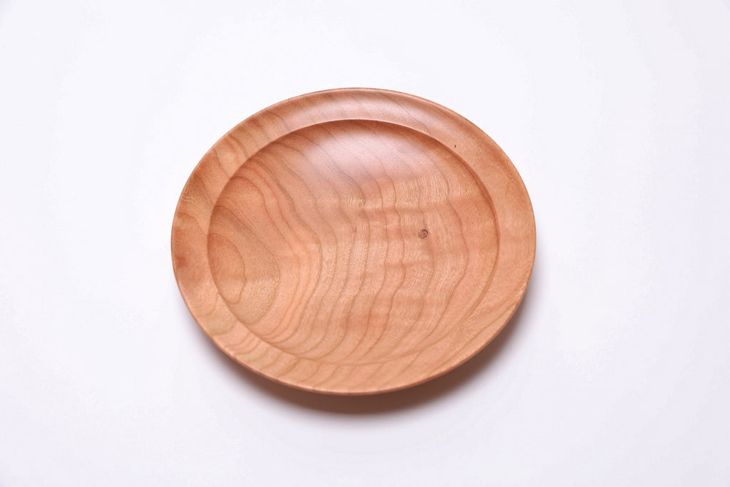 top view of wild black cherry wooden ring dish showing quilted figure and bud scar detail