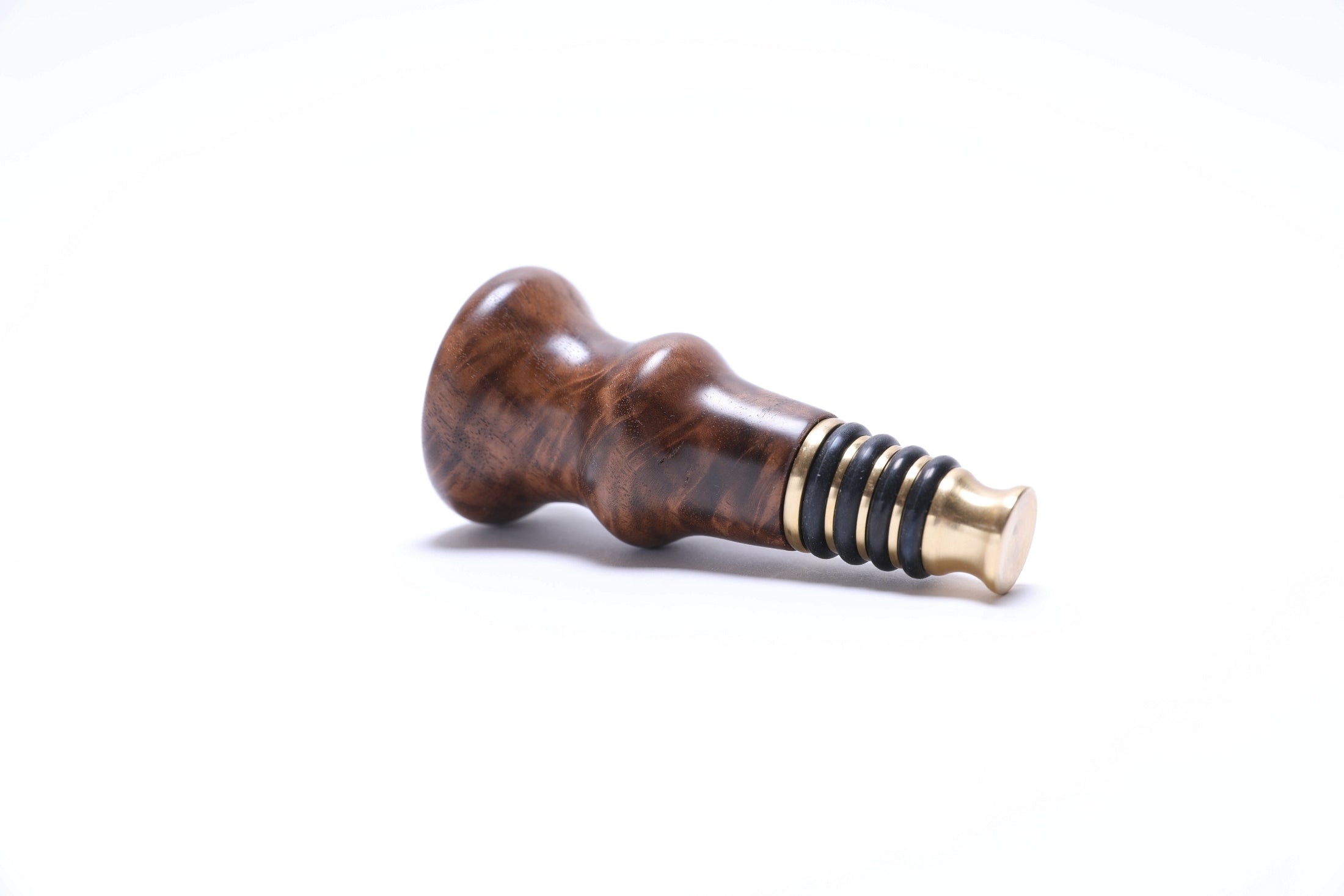 Black walnut burl wine stopper with nitrile o-ring seal, detail shot