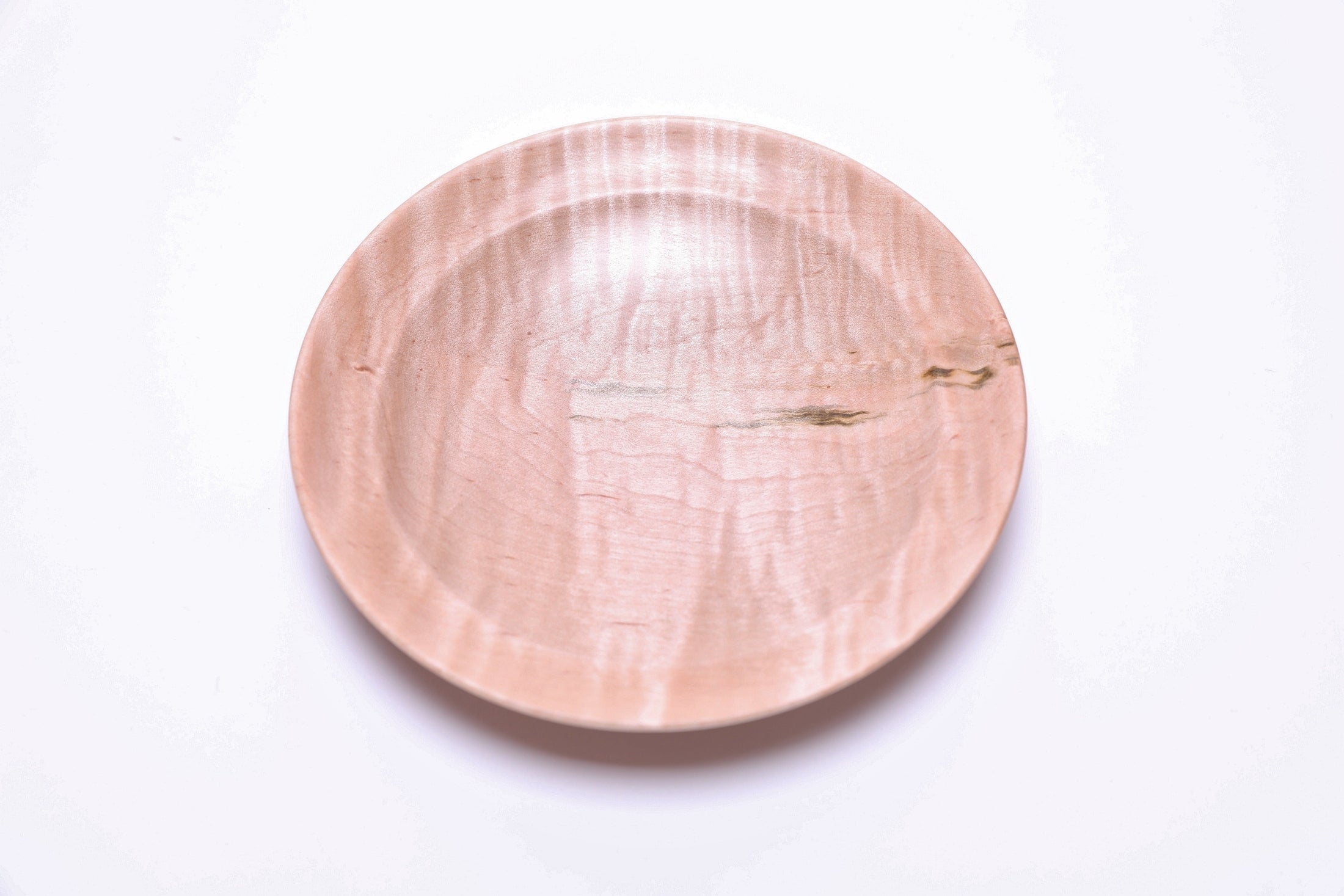 Tiger maple wooden ring dish, top view showing chatoyant figure