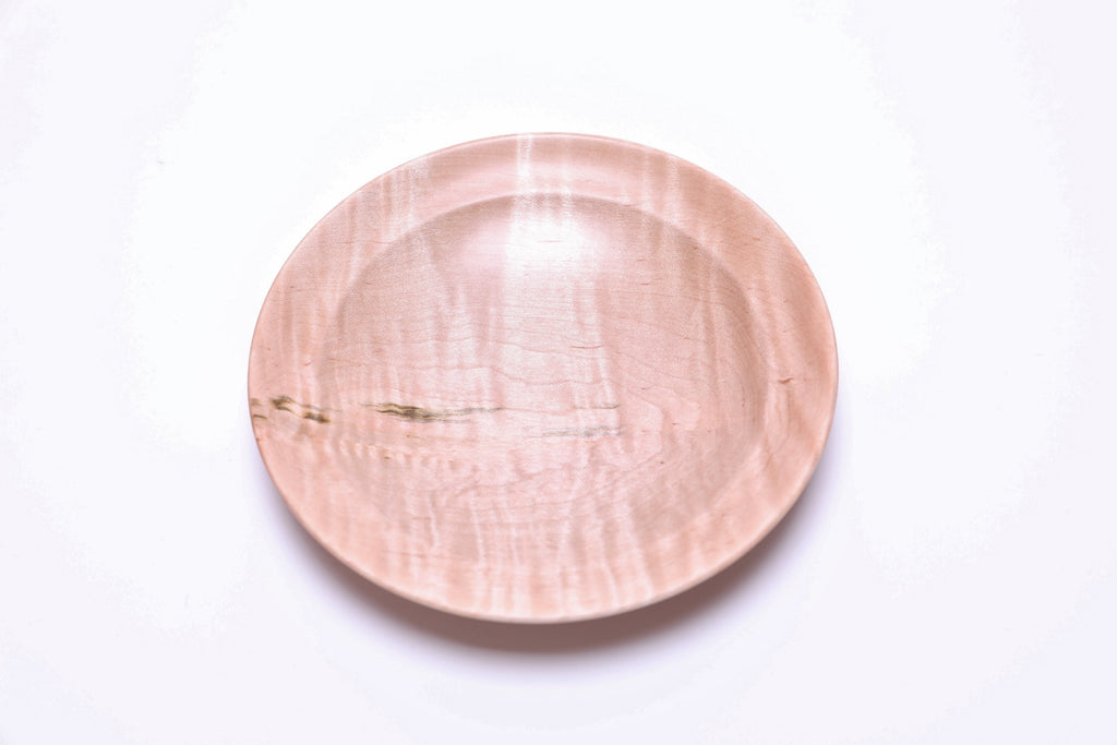Tiger maple wooden ring dish, curved taper and undercut rim detail
