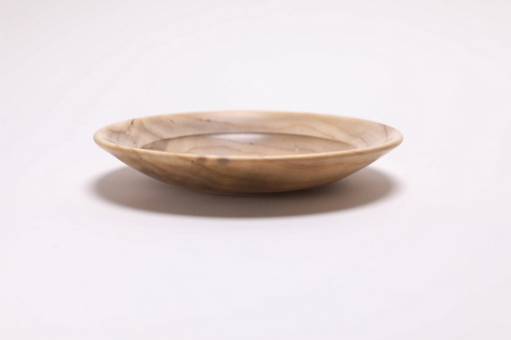 Side profile of hackberry wood ring dish showing depth 