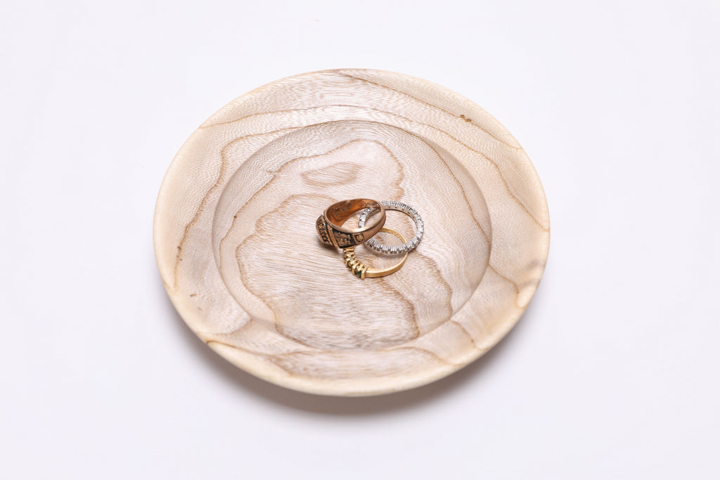 Handmade hackberry wood ring dish with 3 rings by Sanders Woodworking, 5¼ inches wide, natural finish