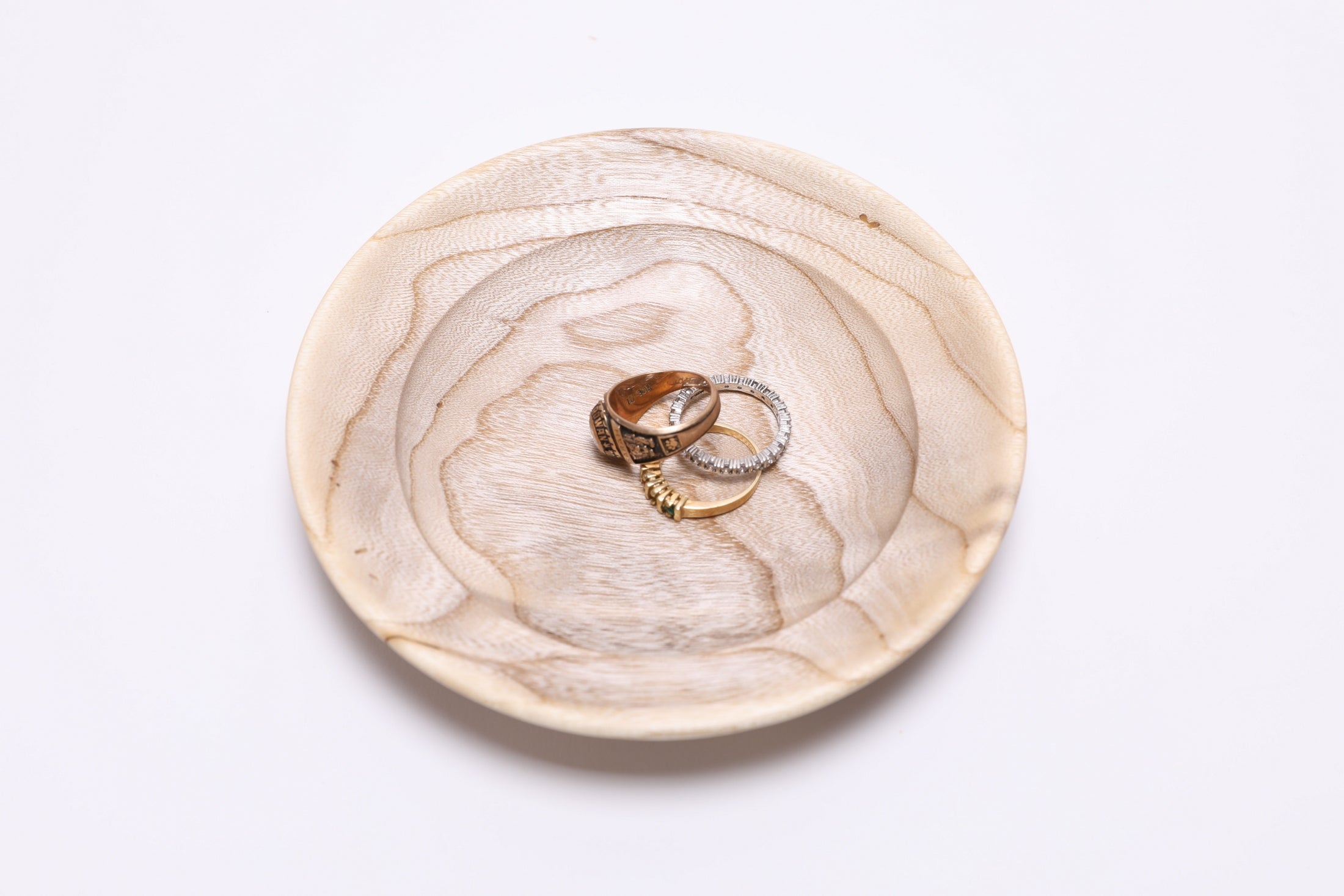 Handmade hackberry wood ring dish with 3 rings by Sanders Woodworking, 5¼ inches wide, natural finish