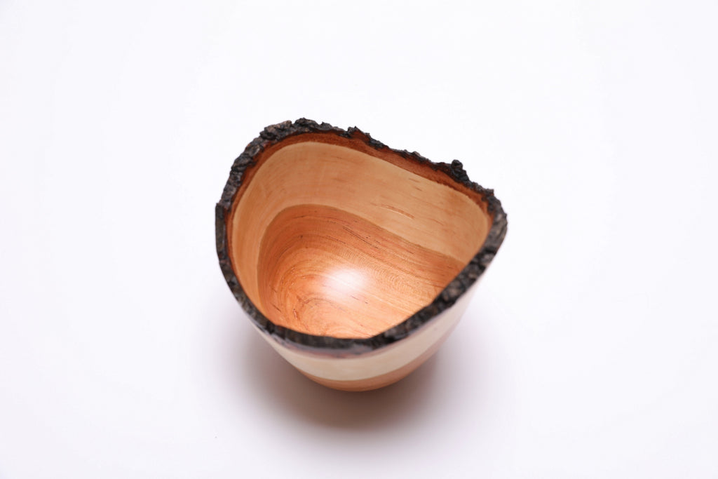 Live edge cherry wood bowl with bark – top view
