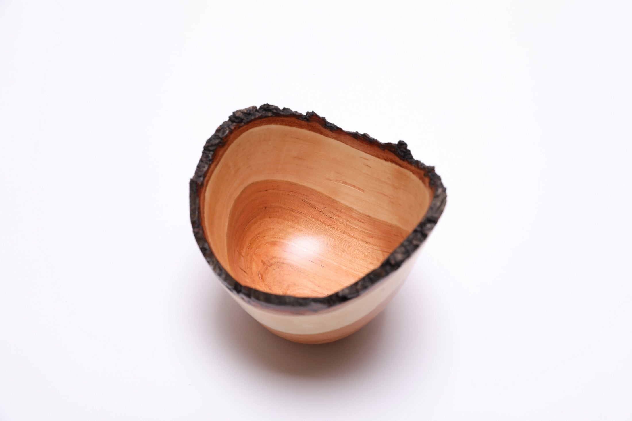 Live edge cherry wood bowl with bark – top view