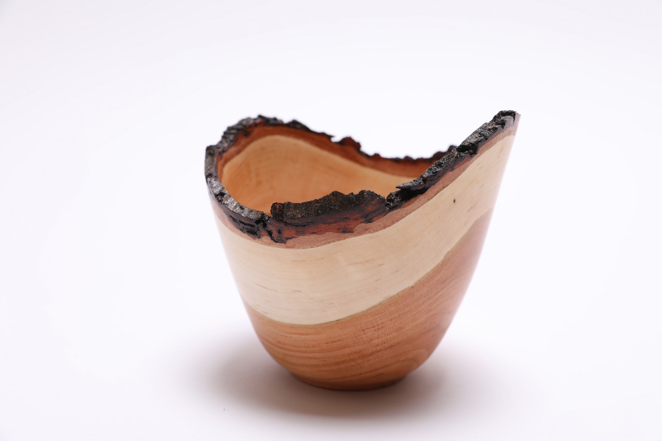 Natural edge wild black cherry wooden bowl with intact bark – front view