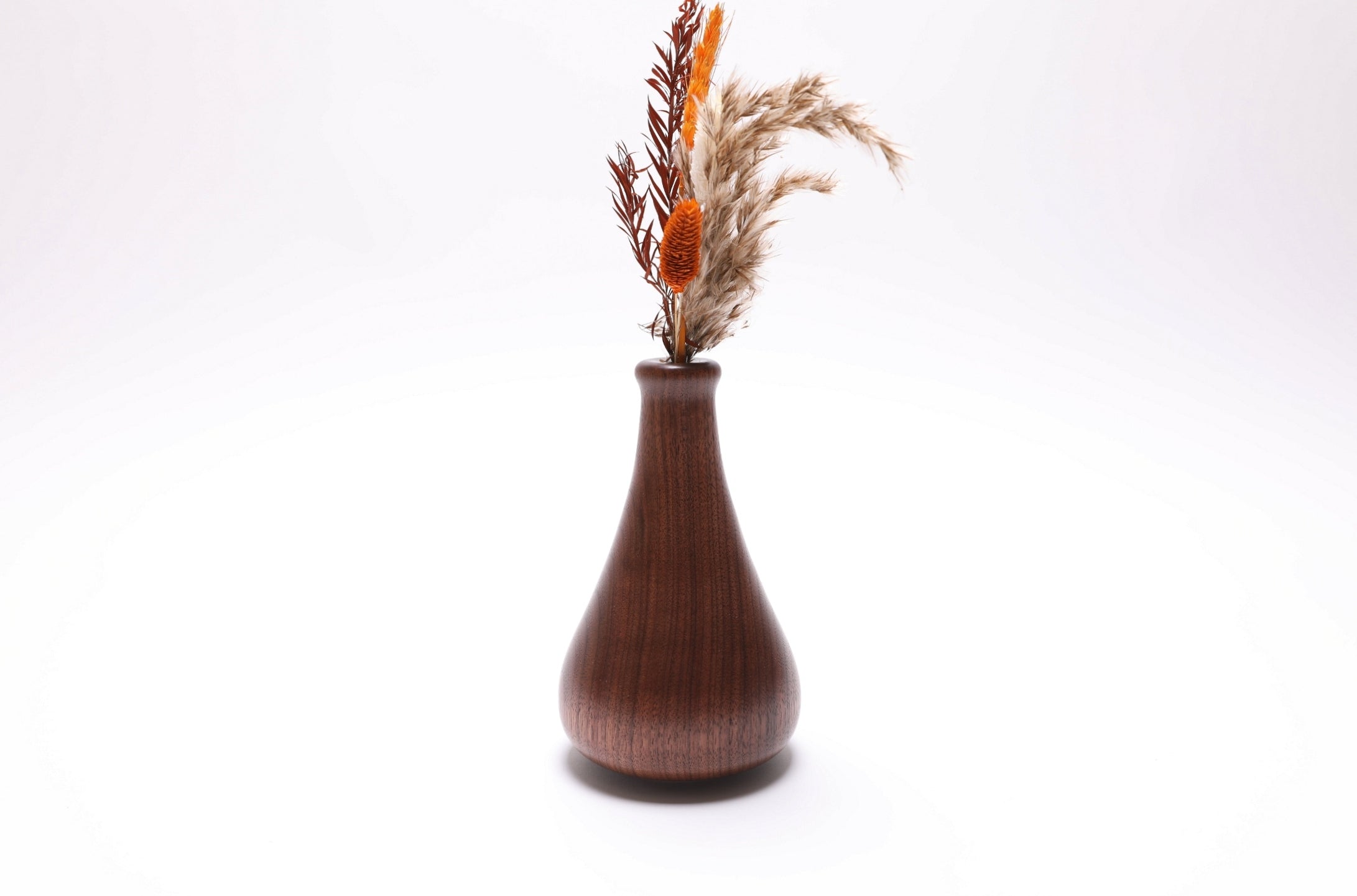 Wild black walnut dry vase showing dark amber and chocolate tones, side view