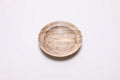 Handcrafted hackberry wooden ring dish — top view showing iridescent figure and cream background