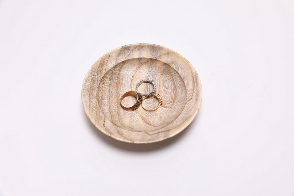 One-of-a-kind hackberry jewelry dish #2771 with 3 rings displayed— final detail view, made in NC