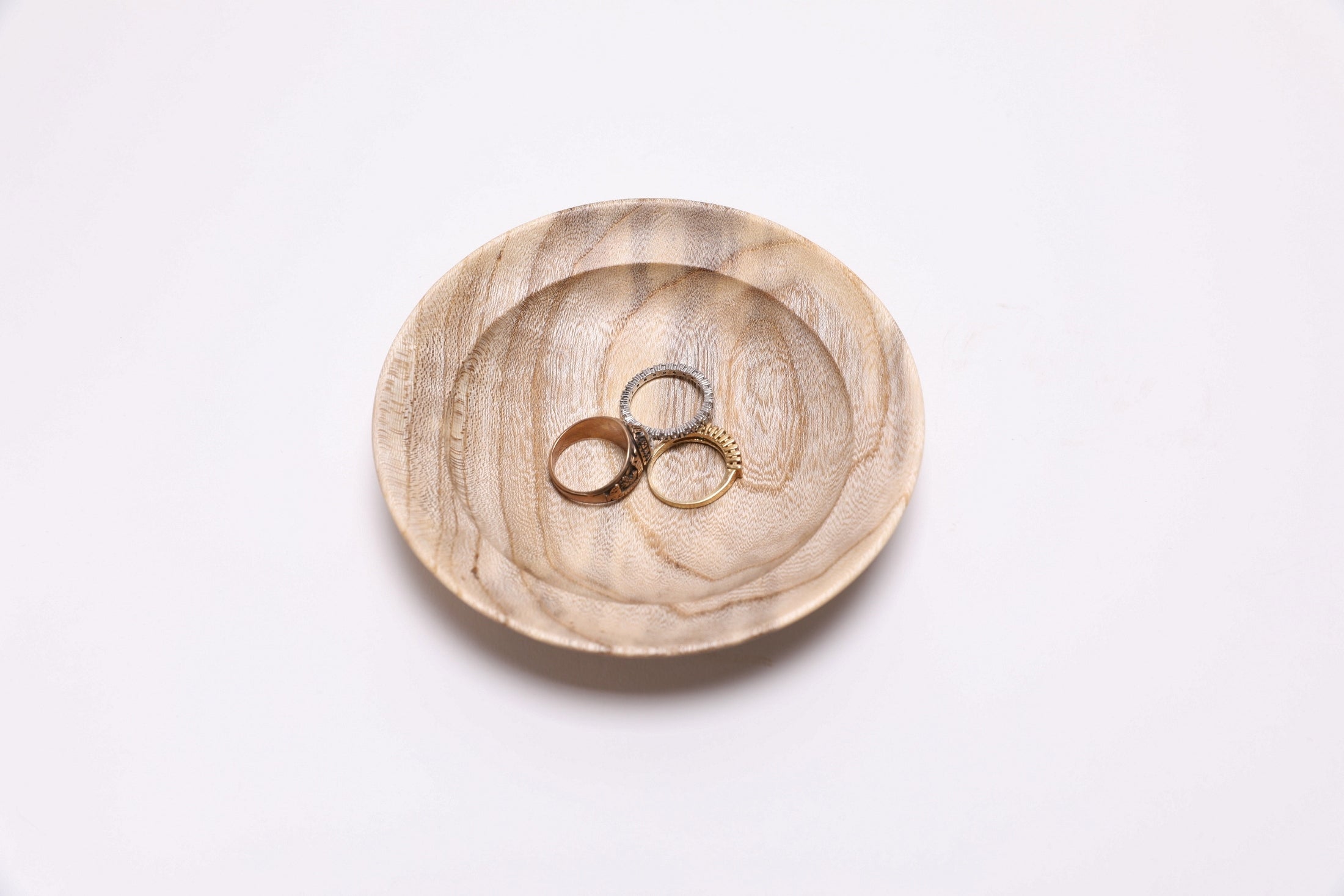 One-of-a-kind hackberry jewelry dish #2771 with 3 rings displayed— final detail view, made in NC