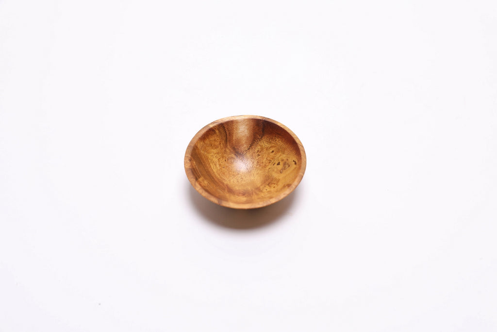 Handmade mulberry burl wooden bowl, 2½" × ⅞", top view — Sanders Woodworking