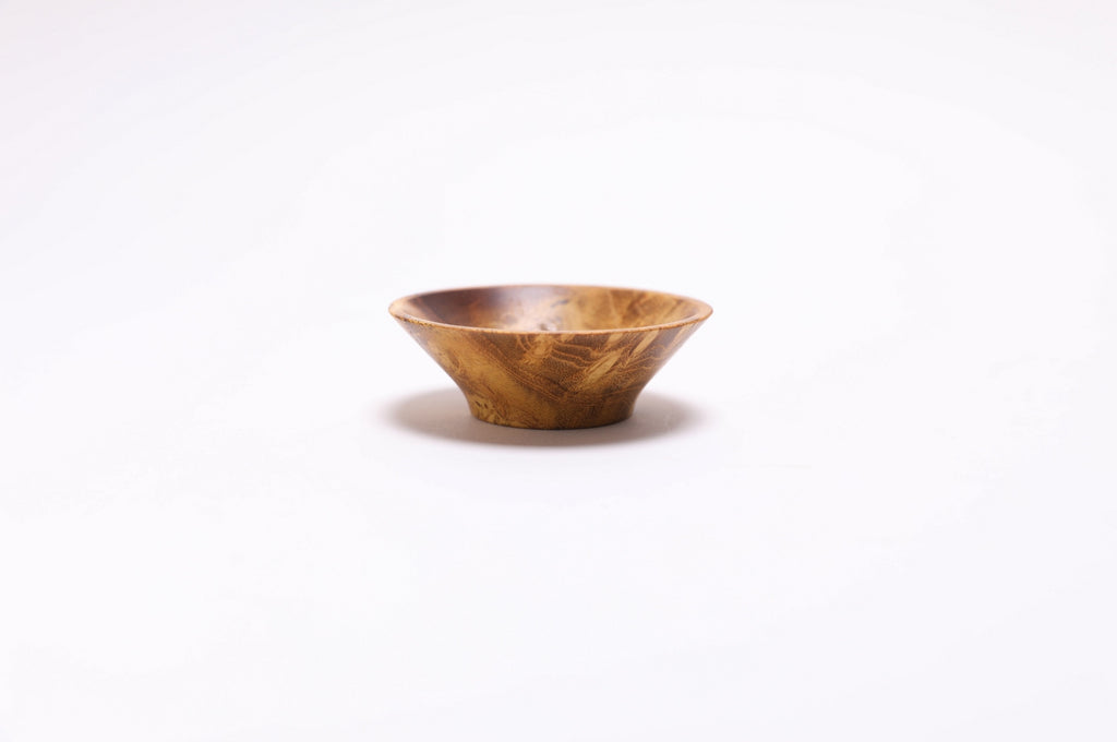 Side profile of miniature mulberry burl wooden bowl — Sanders Woodworking