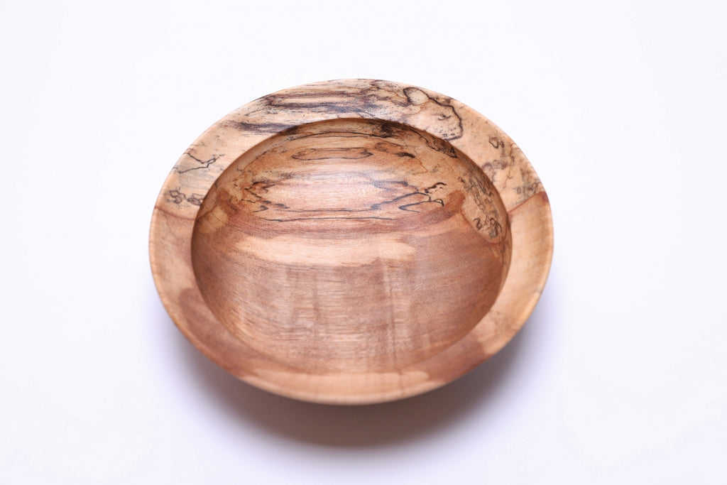 Spalted river birch wooden bowl, top view showing ink-black spalting lines and cream background, handcrafted by Sanders Woodworking
