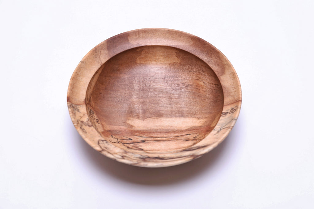 Spalted river birch wooden bowl, top view at 180°, dramatic spalting transition lines and food-safe oil finish, Sanders Woodworking