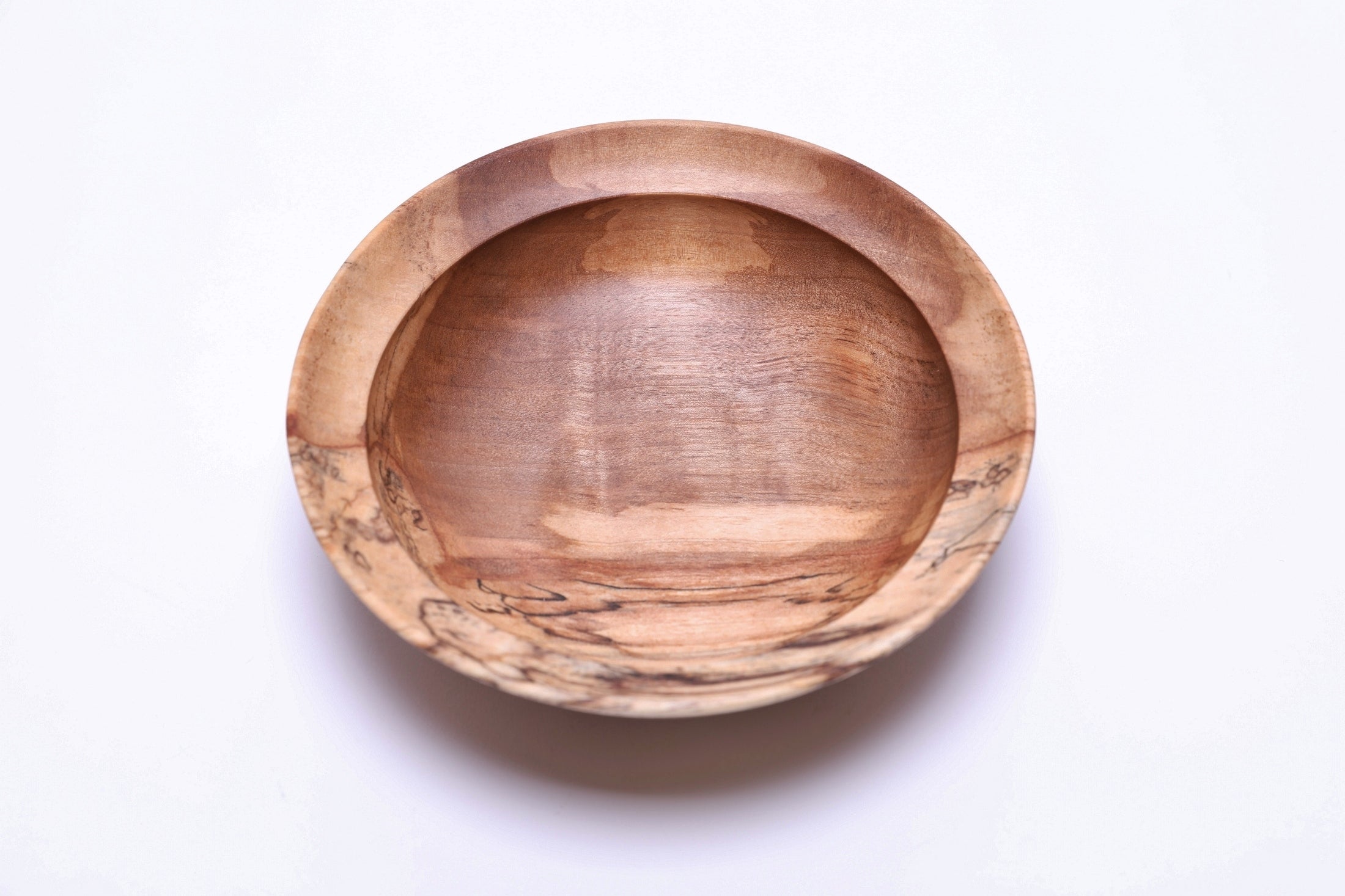 Spalted river birch wooden bowl, top view at 180°, dramatic spalting transition lines and food-safe oil finish, Sanders Woodworking