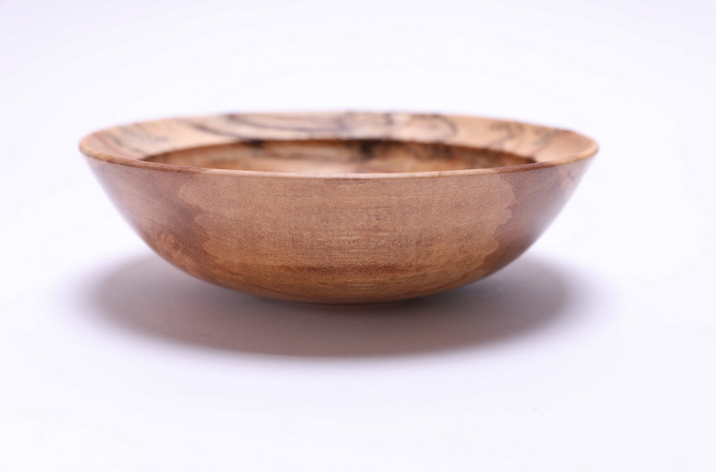 Spalted river birch wooden bowl, side view at 180°, cream and bronze wood tones with natural spalting pattern, handmade in NC
