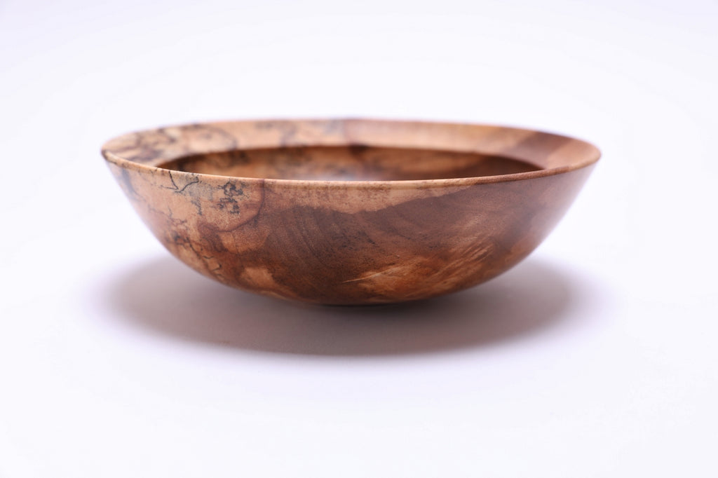 Spalted river birch wooden bowl, side view at 270°, highlighting raised foot and curved taper rim, Sanders Woodworking