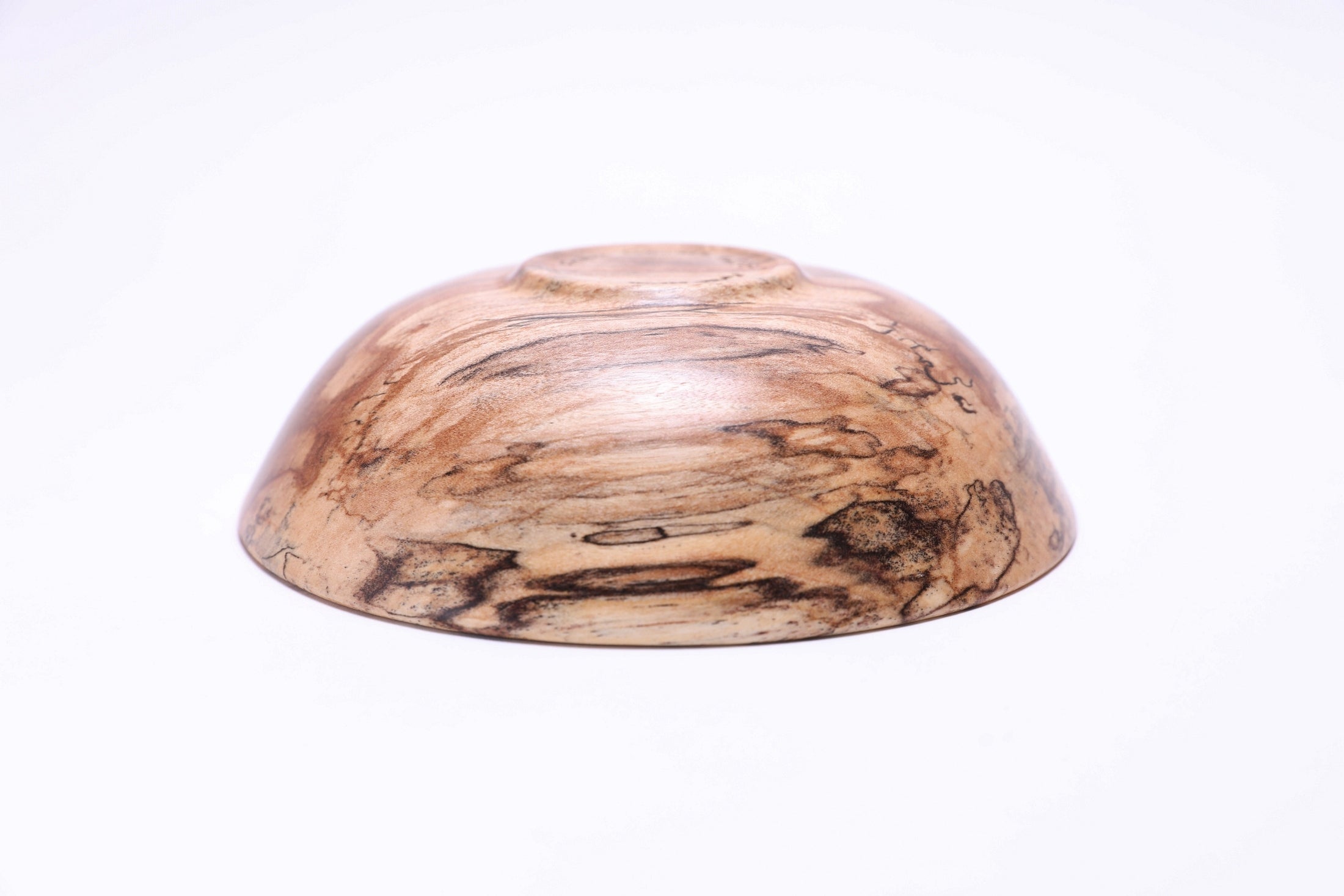 Spalted river birch wooden bowl, bottom view showing raised foot and maker's signature, Sanders Woodworking