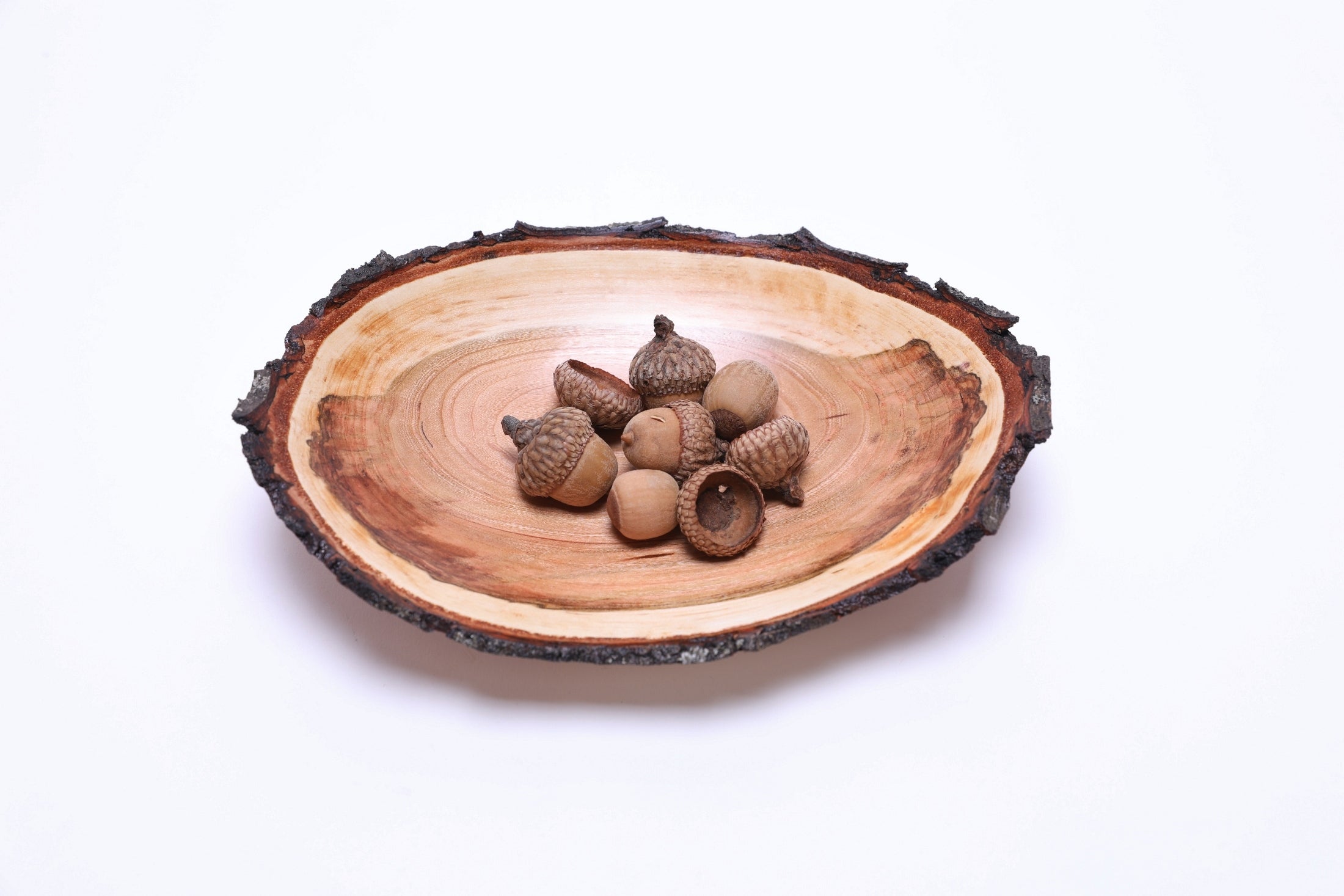 Natural edge wild black cherry wooden bowl, top view with acorns for scale, 7½" hand-turned bowl by Sanders Woodworking