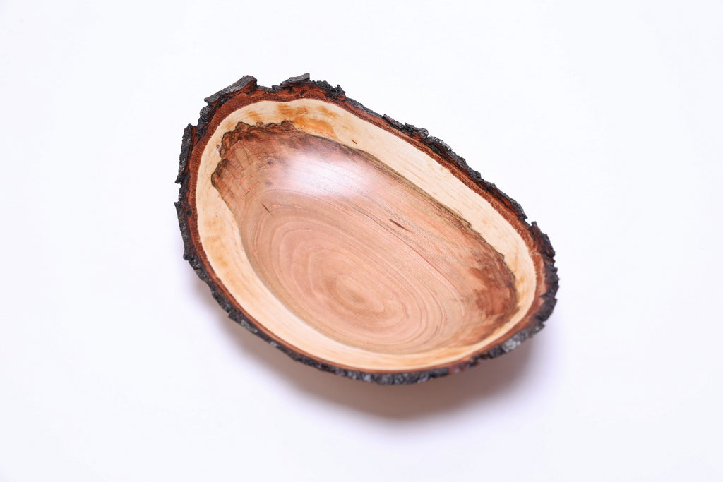 Natural edge wild black cherry bowl, natural bark rim and warm cherry wood tones, Sanders Woodworking