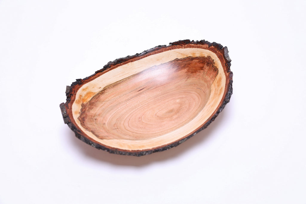 Natural edge wild black cherry bowl,  top view,  cream sapwood and figured heartwood, food-safe finish, made in USA
