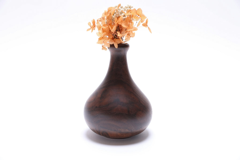 Claro walnut burl weed pot with dried flowers, side view, handmade in North Carolina, Sanders Woodworking