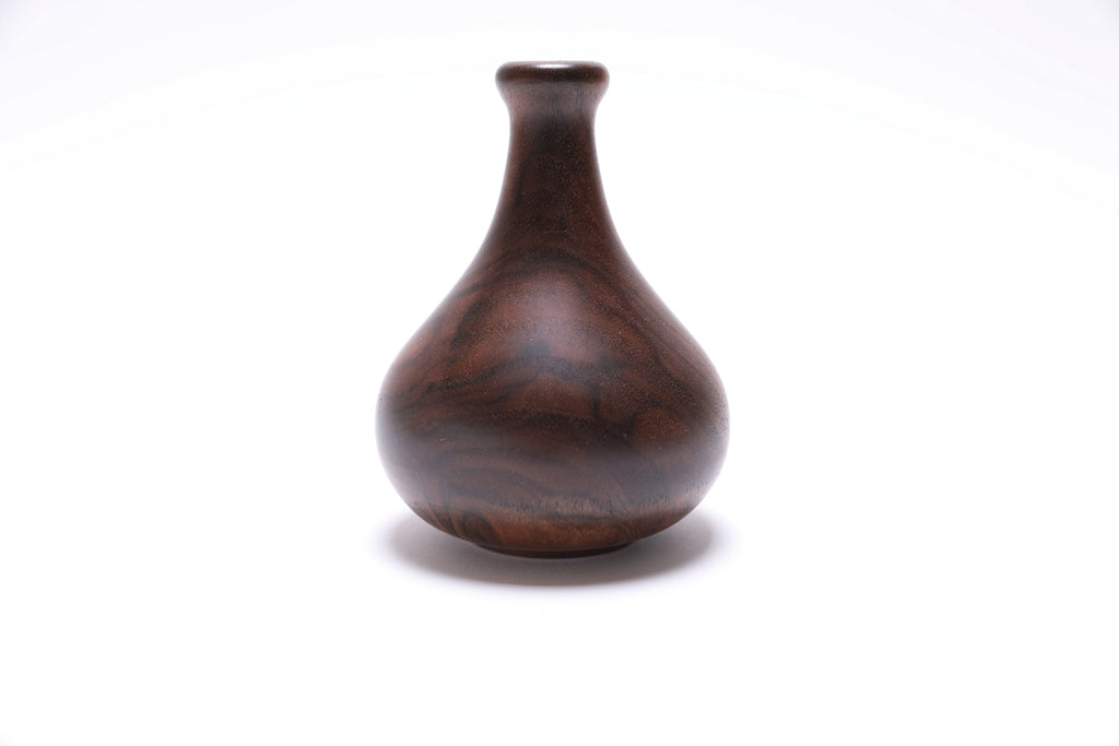 Claro walnut burl weed pot, side view rotated 180 degrees, smooth hand-finished rim