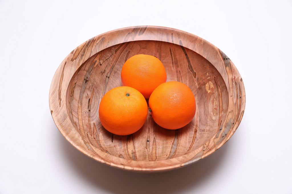 Ambrosia maple fruit bowl with three oranges, 12 inches wide, serves 2 to 4, Sanders Woodworking