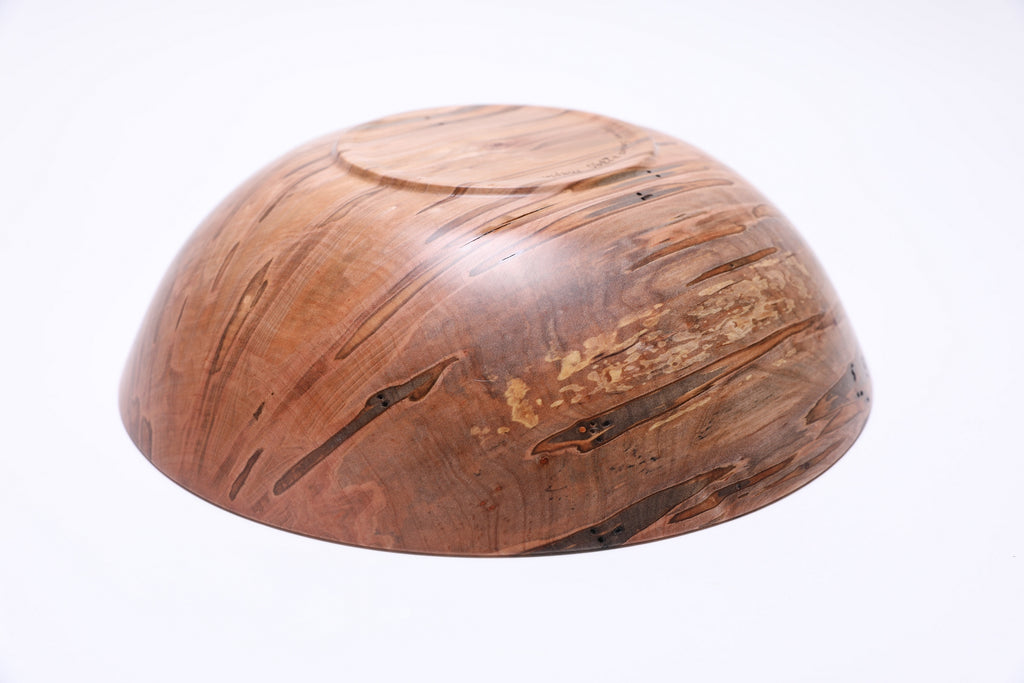 Bottom view of ambrosia maple salad bowl showing turned foot, handmade in NC, Sanders Woodworking