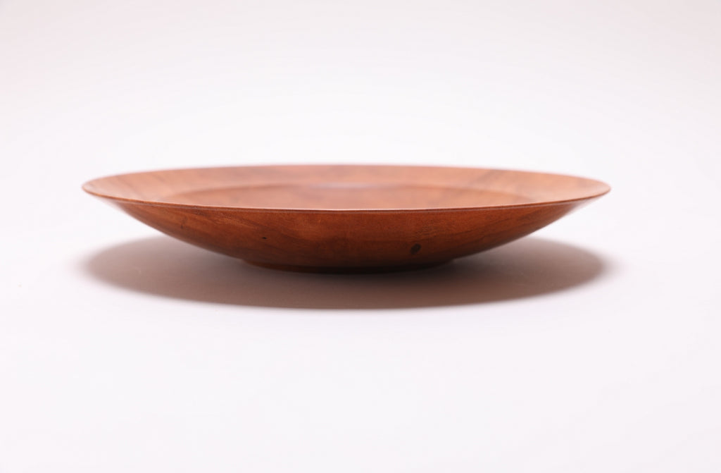 Wild black cherry shallow bowl #2789, side view rotated 180 degrees, deep pink and orange grain, handmade in NC