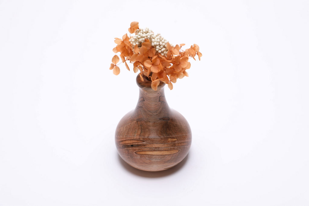 Ambrosia maple weed pot with dried flowers, 180 degree view, natural grain and beetle tracks
