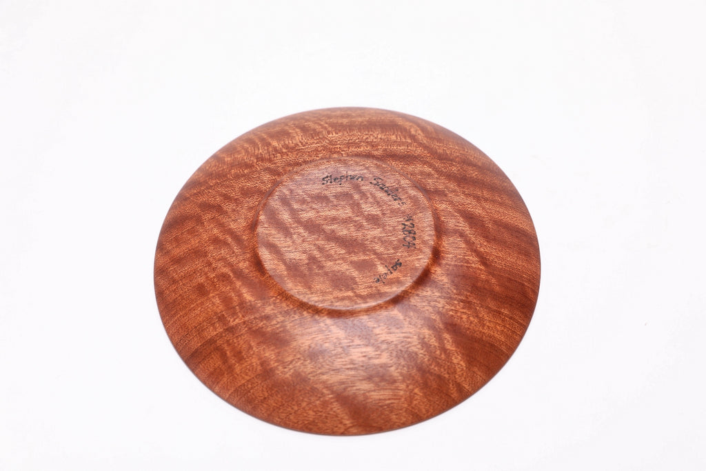 Bottom view of sapele wooden ring dish showing raised foot and natural wood grain, made in NC