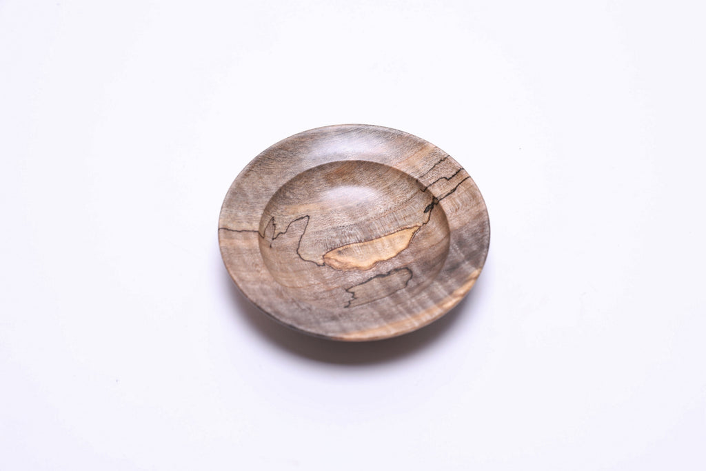 Spalted tiger maple ring dish, top view rotated 180°, undercut rim and natural wood figure