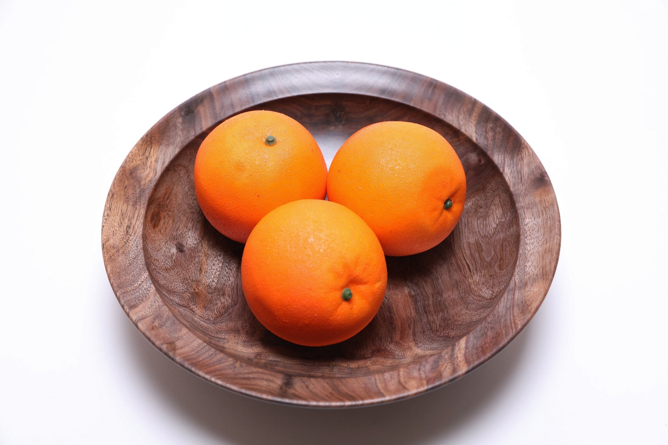 urly wild black walnut wooden bowl top view with three oranges for scale — 10-inch diameter bowl with rich curly figure, handcrafted fruit bowl or serving bowl made in NC

