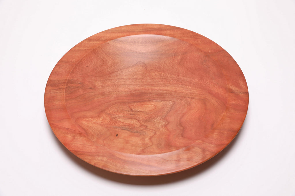 Handcrafted wild black cherry wooden platter — top view, 0°, showing natural grain and undercut rim