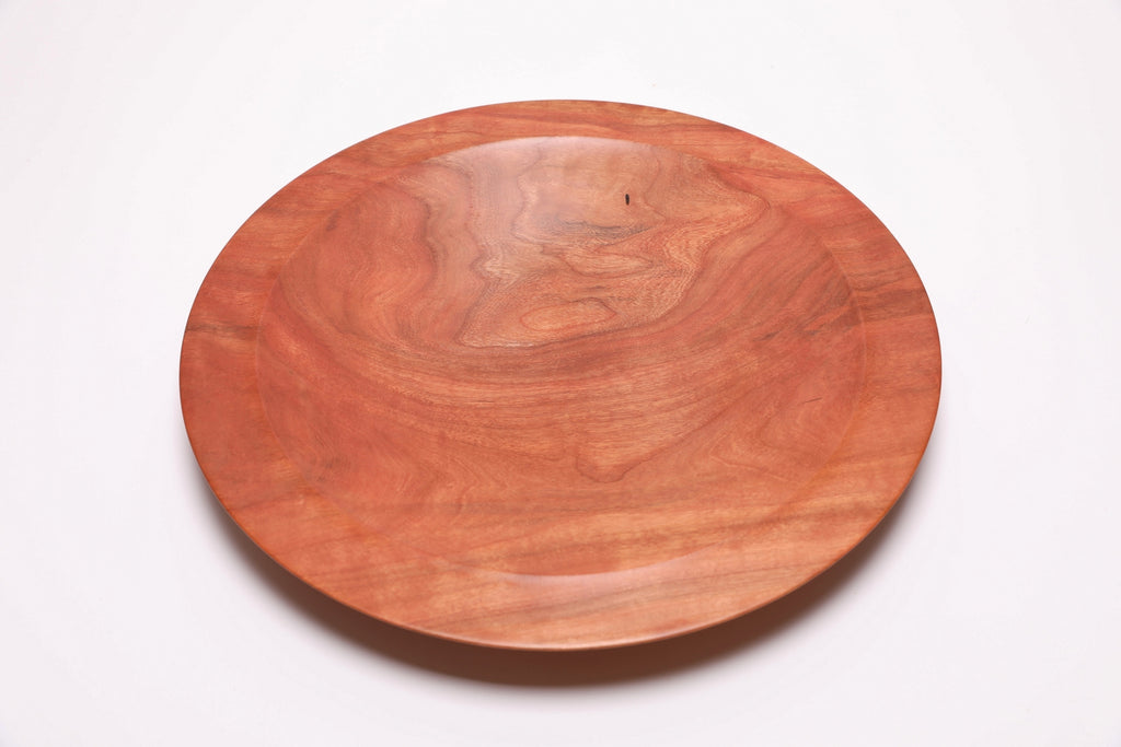 Wild black cherry wooden platter — top view, 180°, showcasing curved taper and food-safe oil finish