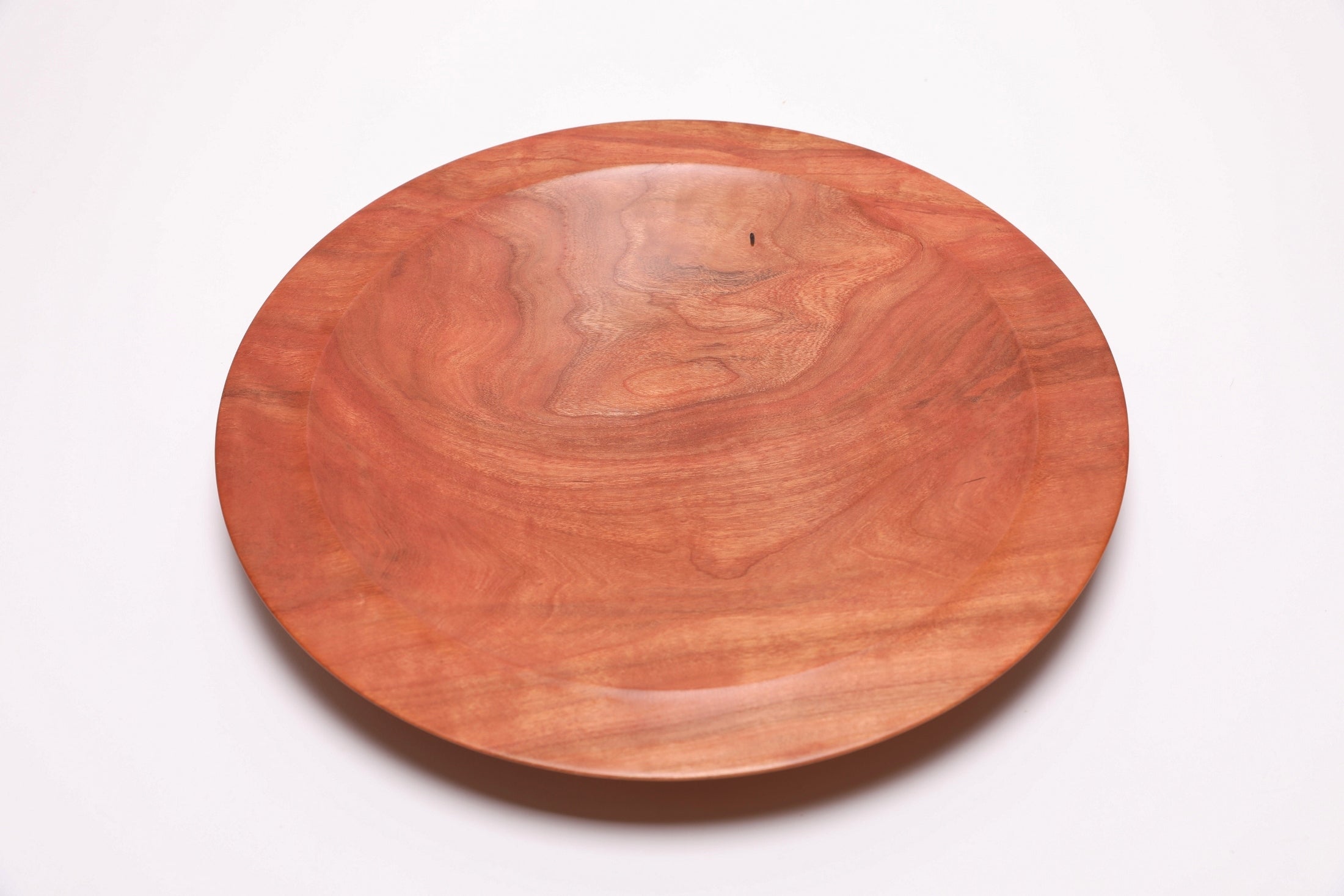 Wild black cherry wooden platter — top view, 180°, showcasing curved taper and food-safe oil finish