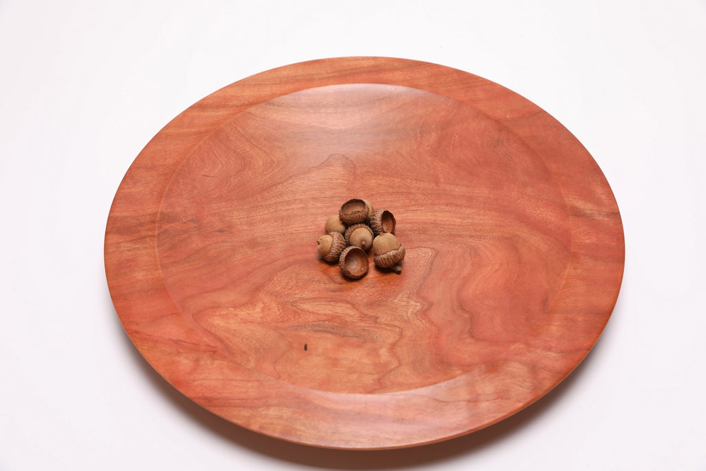 Wild black cherry wooden platter with acorns for scale — 14.5" handcrafted serving platter, made in NC