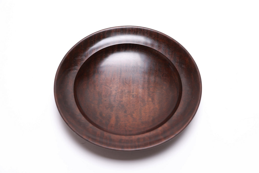 Thermally modified tiger maple wooden bowl top view rotated showing deep brown tones from thermal modification
